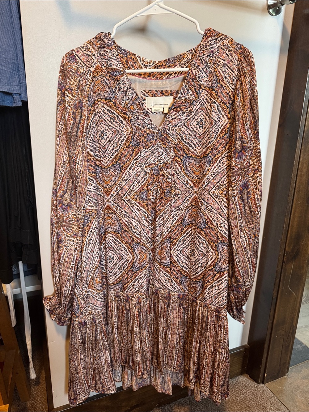 Anthropologie Long-Sleeve Boho Print Dress - Rust, Cream, Blue